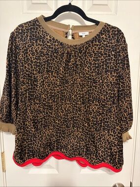 Women's Brown Leopard Print Pleated Top with Red Trim, size L